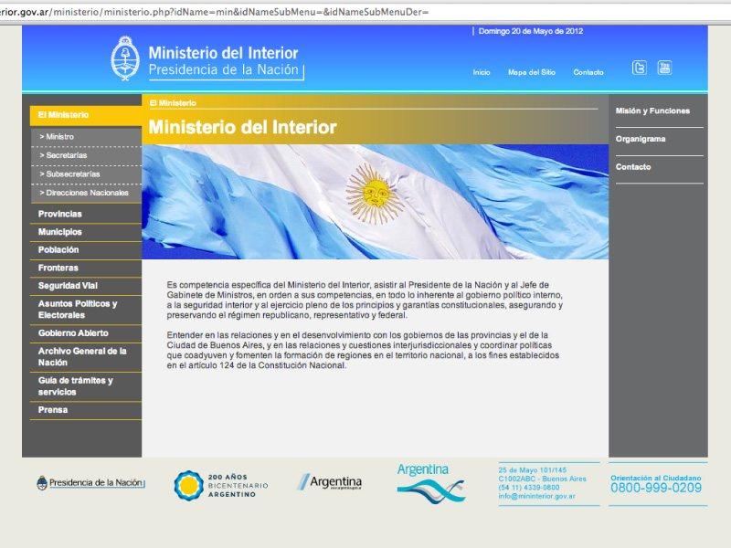 Ministerio del Interior, Presidencia de la Nación Argentina. Diseño y maquetación integral de sitio web. Diseño de interfaces y maquetación: Simplestudio. Management: Cecilia Lujan Sosa.