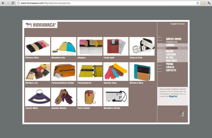 Humawaca. Diseño e implementación de sitio web de productos en cuero premium.<br />
Diseño de interfaces: Simplestudio<br />
Backend y desarrollo: Busymind 